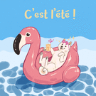 Chien heureux en &eacute;t&eacute; sur un flamant rose